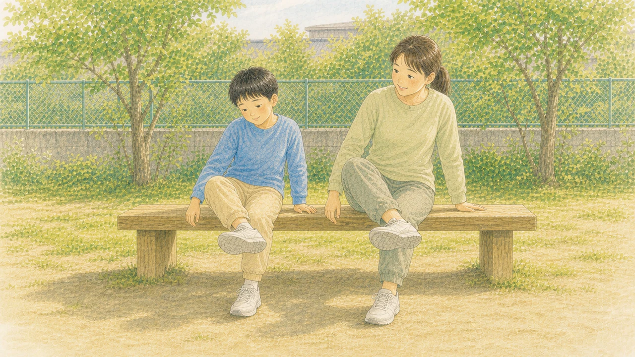 練習の前に、決まった順番で足首をまわしている親子の様子(イラスト)