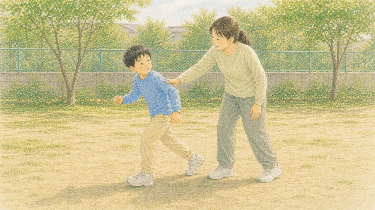 準備運動をせず走り出そうとする子どもを、保護者がそっと呼び止めている様子(イラスト)