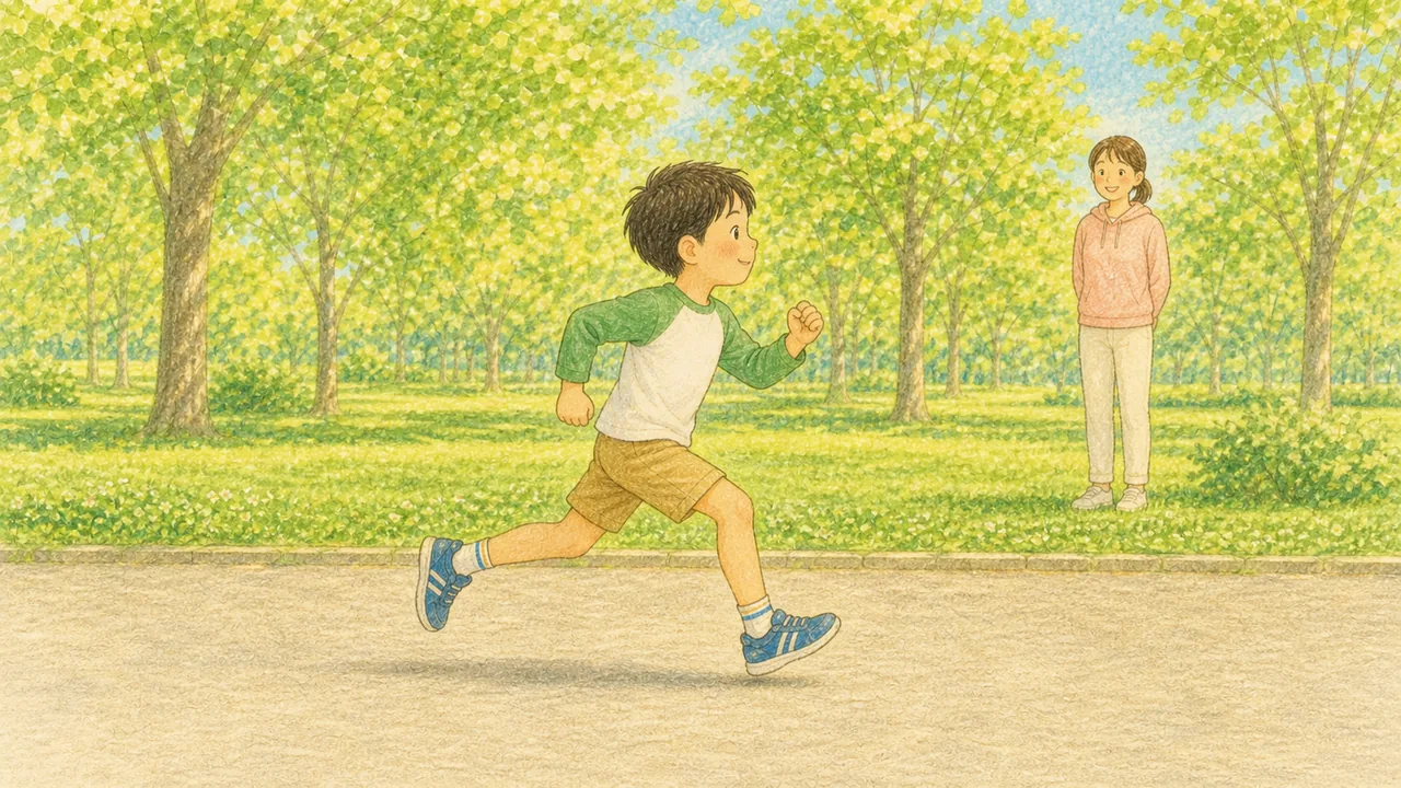 公園で腕を前後に振りながら走るフォームを確かめる子どもの様子(イラスト)
